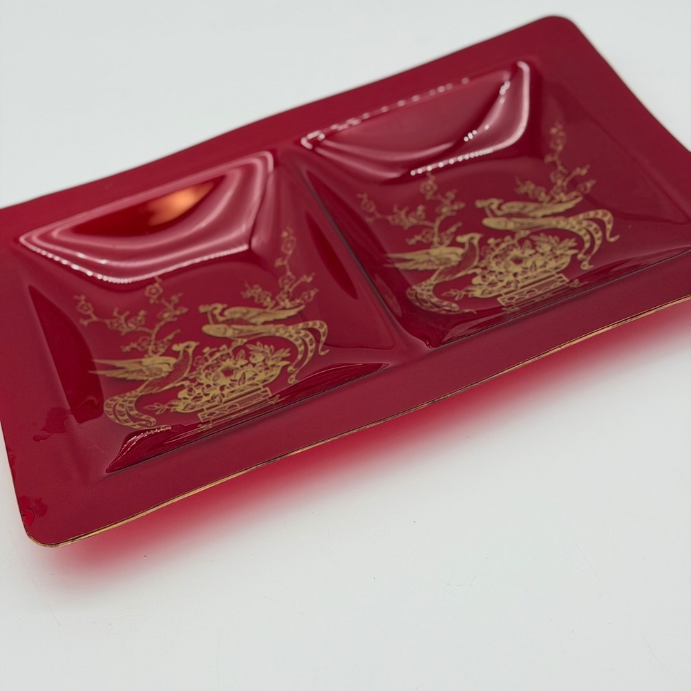 Vintage Ruby Red Acrylic Divided Trinket Tray Gold Peacock Chinoiserie Decor MCM